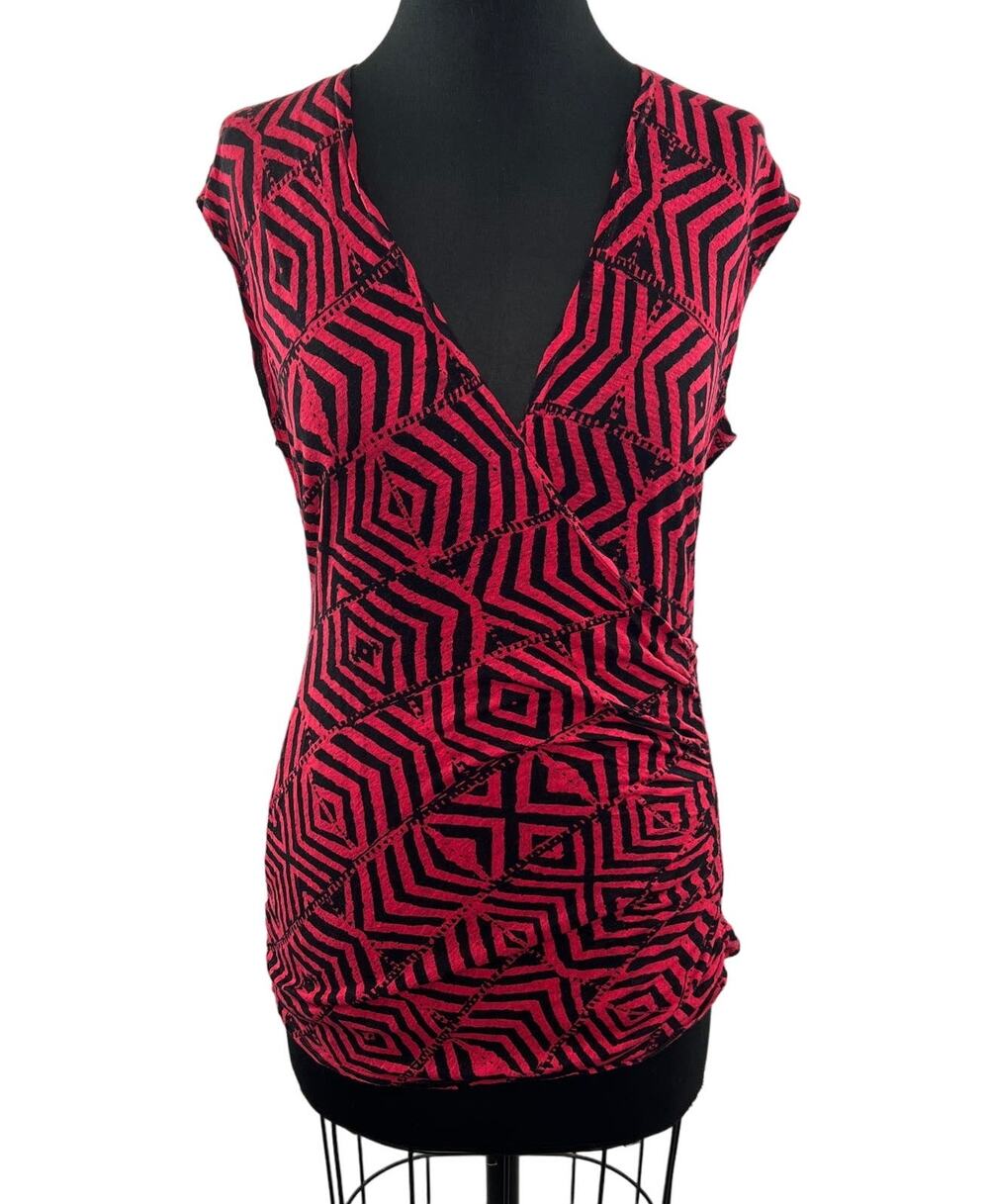 Anthropologie Plenty Tracy Reese Red Black Print Drape Wrap Tank Top Size P FLAW